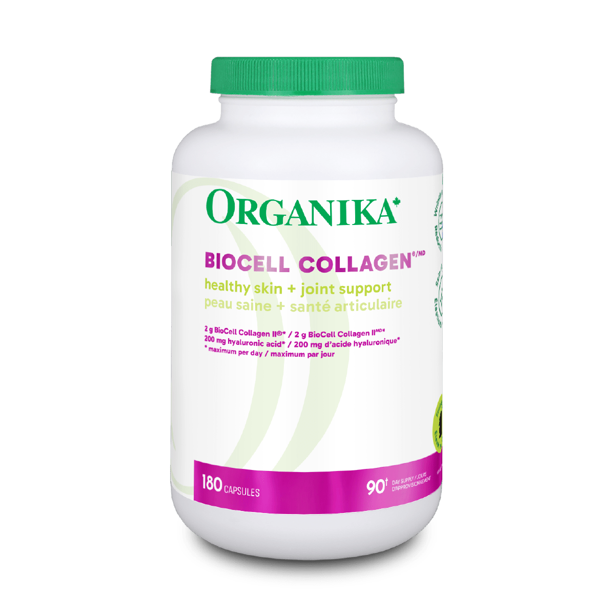 Organika Biocell Collagen supplement bottle on a green background