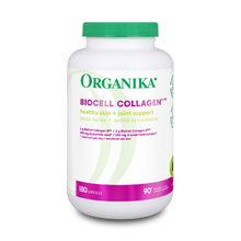 Organika Biocell Collagen supplement bottle on a green background