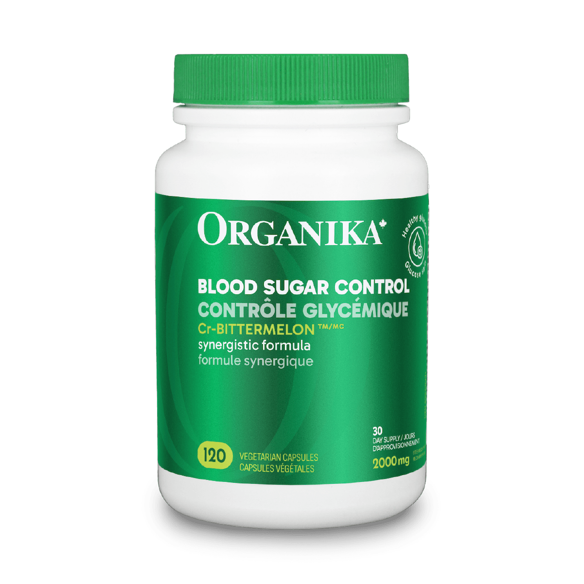 Organika blood sugar control supplement bottle on a green background