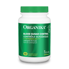 Organika blood sugar control supplement bottle on a green background