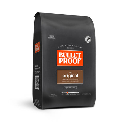 Black coffee bag with Bulletproof branding on a white background