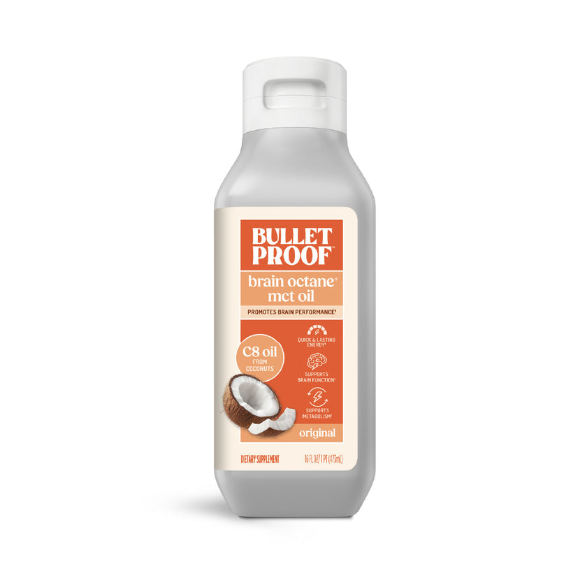 Bulletproof brain octane MCT oil bottle on a white background