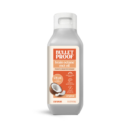 Bulletproof brain octane MCT oil bottle on a white background
