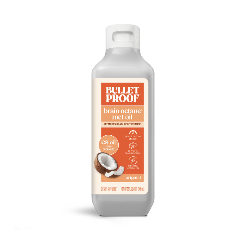 Bulletproof brain octane MCT oil bottle on a white background