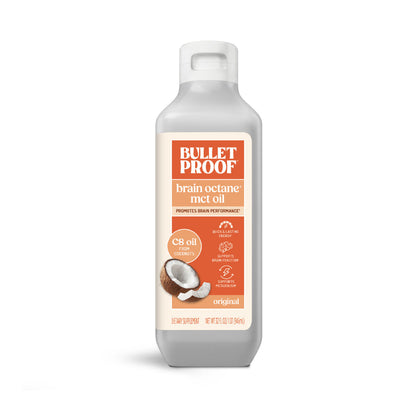 Bulletproof brain octane MCT oil bottle on a white background