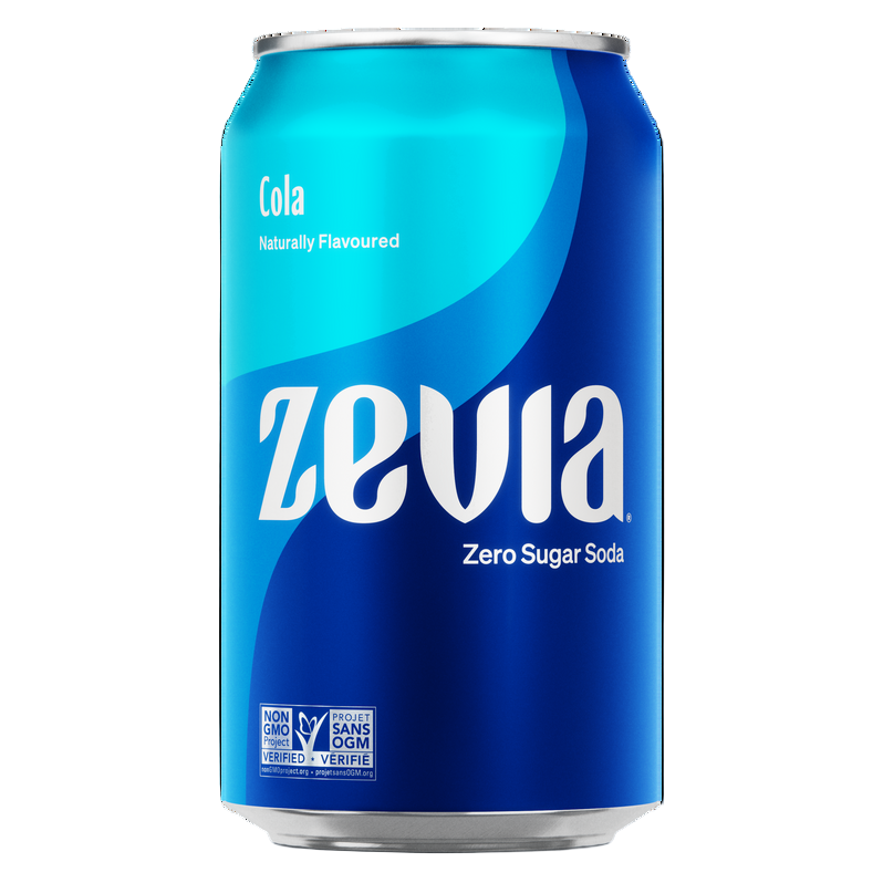 Zevia Cola zero sugar soda can on a white background