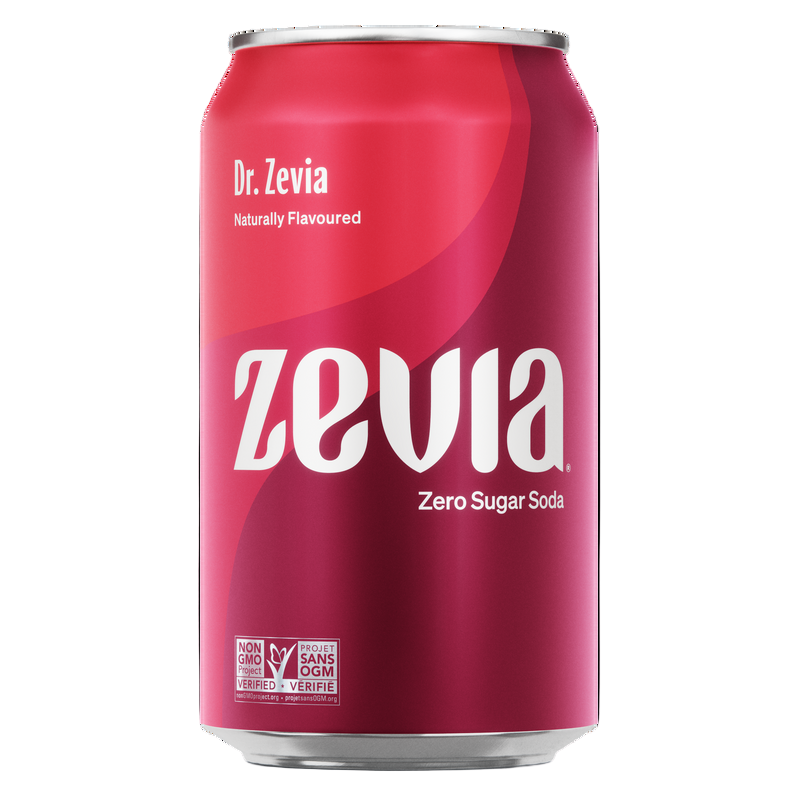 Red can of Dr. Zevia Zero Sugar Soda on a white background