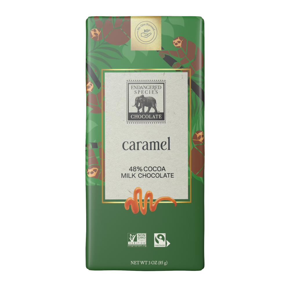 Caramel milk chocolate bar packaging with green design and 'Endangered Species Chocolate' branding.