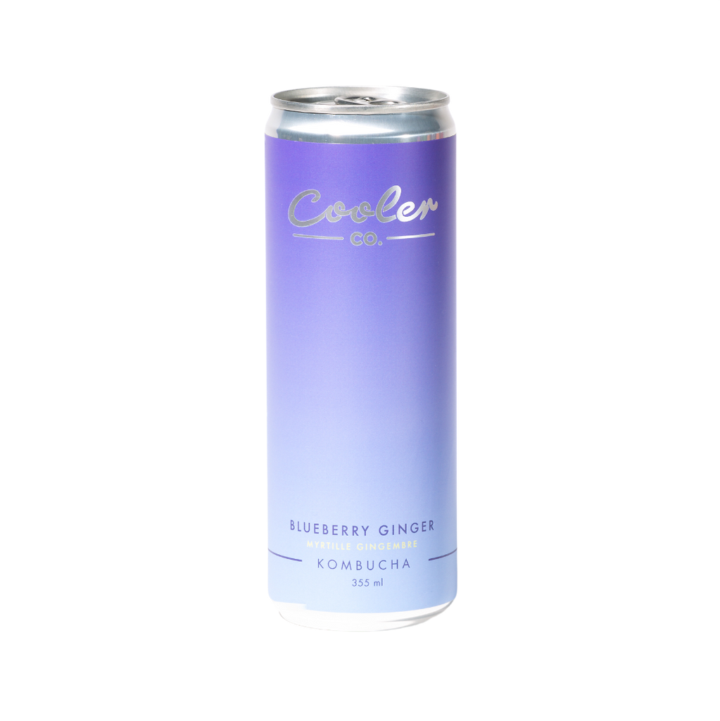 Can of Blueberry Ginger Fombuscha with 'Cooler Co.' branding on a white background
