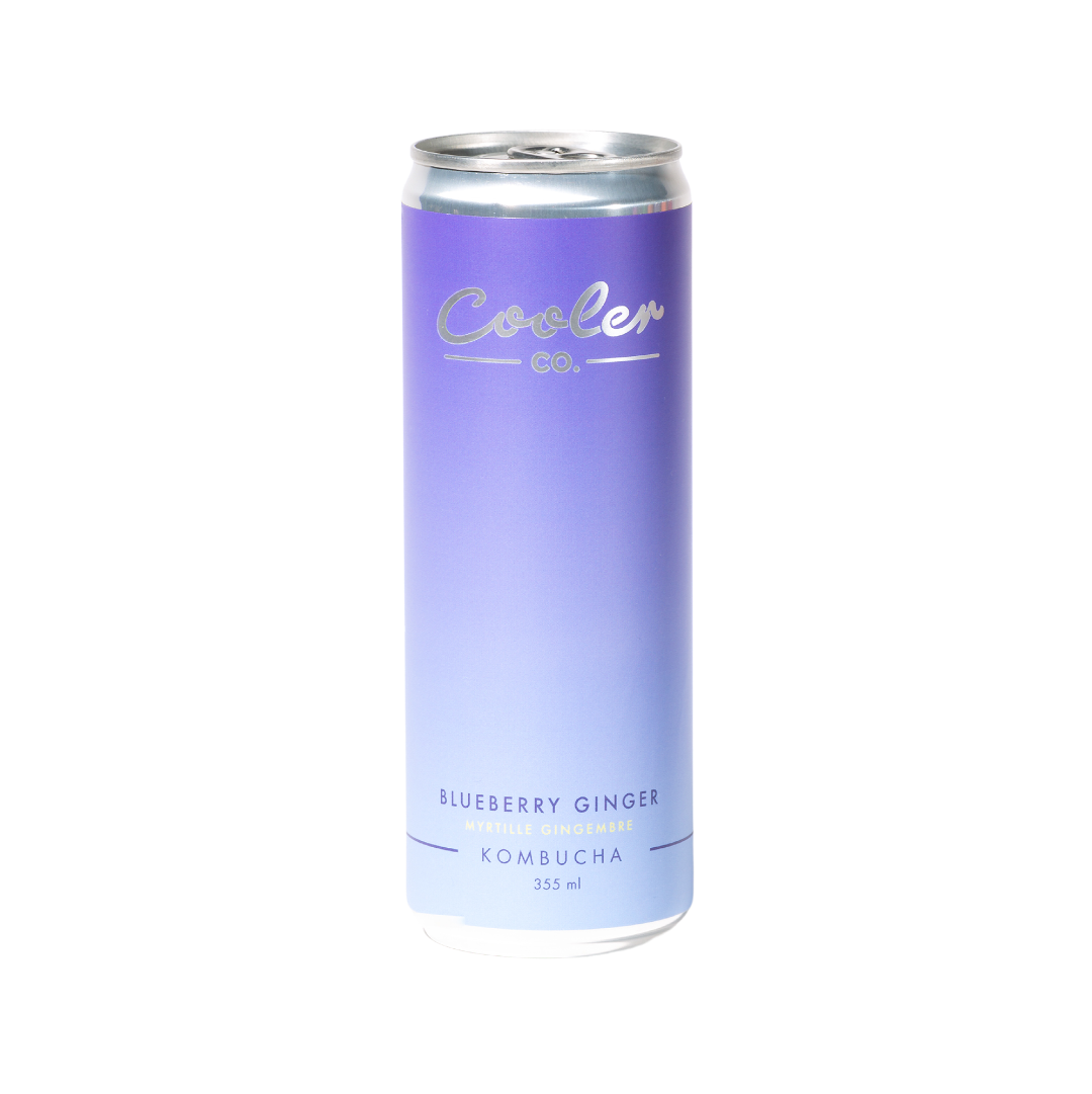 Can of Blueberry Ginger Fombuscha with 'Cooler Co.' branding on a white background