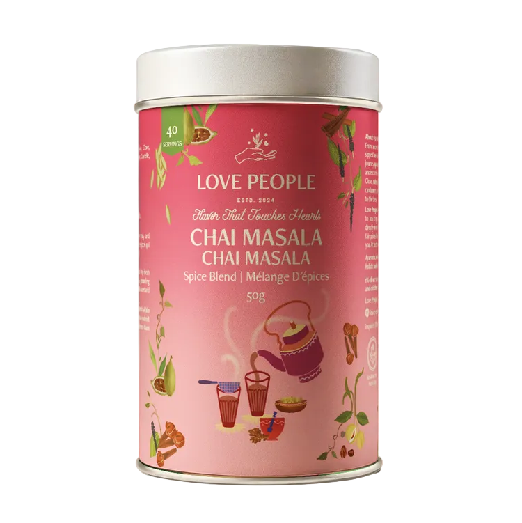 Canister of Love People Chai Masala spice blend on a beige background