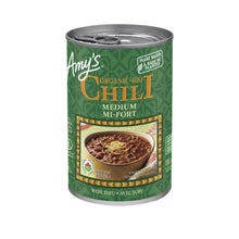Can of Amy's Organic Chili with Tofu on a beige background