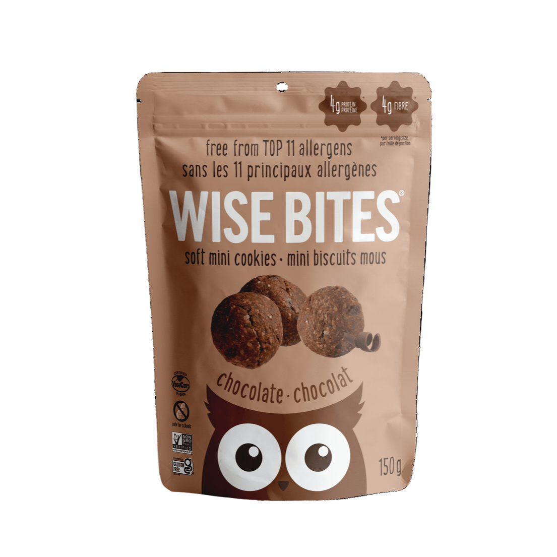 Packaging of Wise Bites chocolate soft mini cookies on a green background