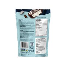 Back view of a blue packaging with dark chocolate coconut cups on a white background