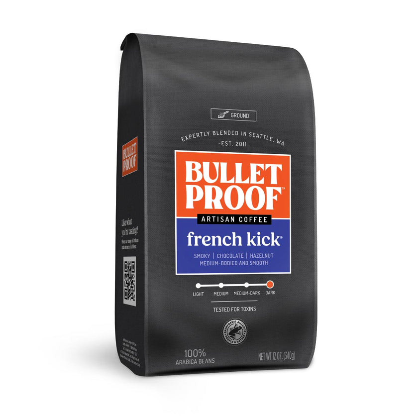 Black coffee bag with Bulletproof French Kick Coffee branding on a white background