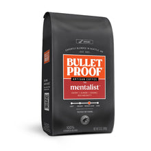Black coffee bag with Bulletproof Mentalist Coffee branding on a white background