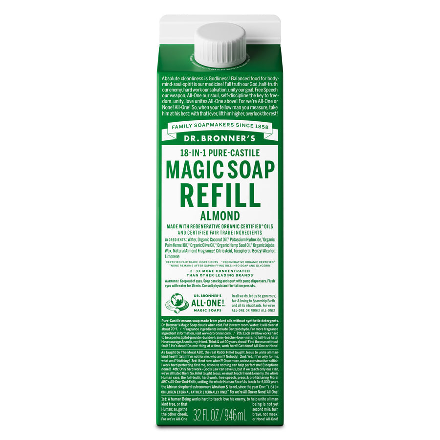 Dr. Bronner's Magic Soap Refill packaging with green label on a white background