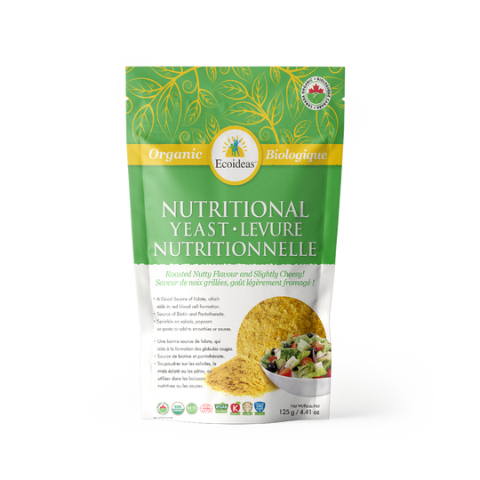 Package of nutritional yeast with green and white design on a white background