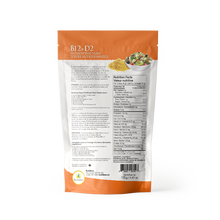 Nutritional yeast package with orange top and white back, featuring nutritional information.