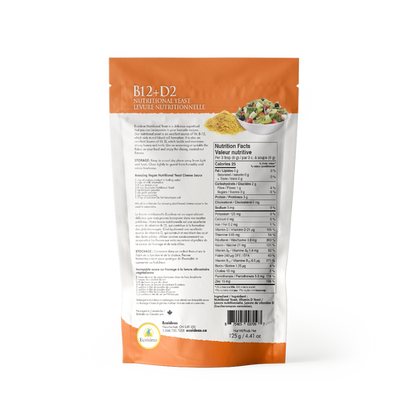 Nutritional yeast package with orange top and white back, featuring nutritional information.