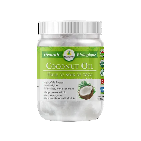 Jar of coconut oil with a green label on a white background