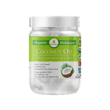 Jar of coconut oil with a green label on a white background