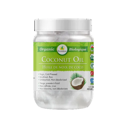 Jar of coconut oil with a green label on a white background