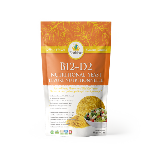 Package of Ecoideas nutritional yeast flakes on a white background