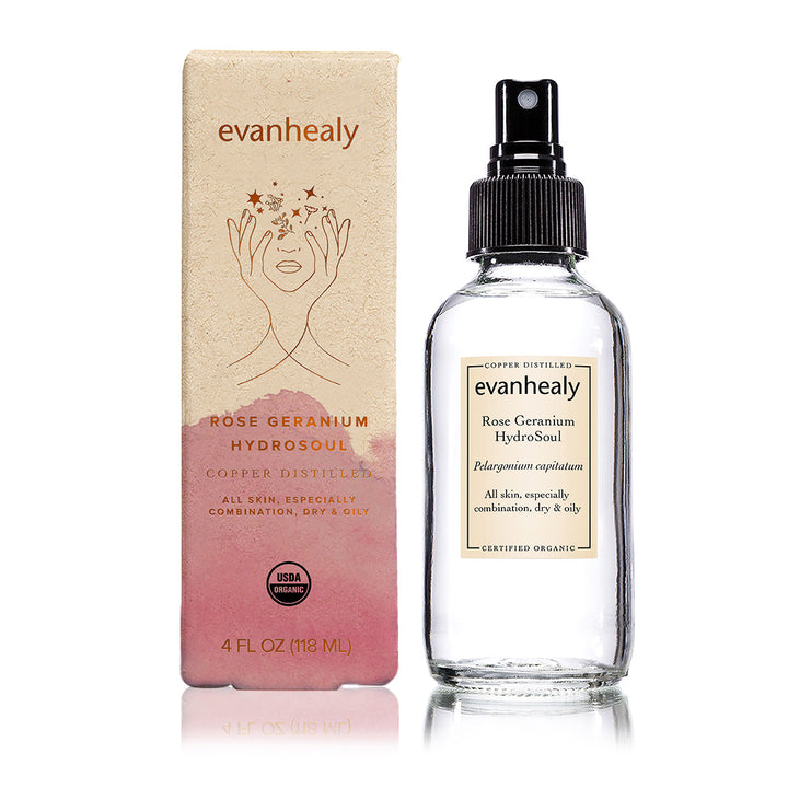 Evanhealy Rose Geranium Hydrosoul product with packaging on a white background