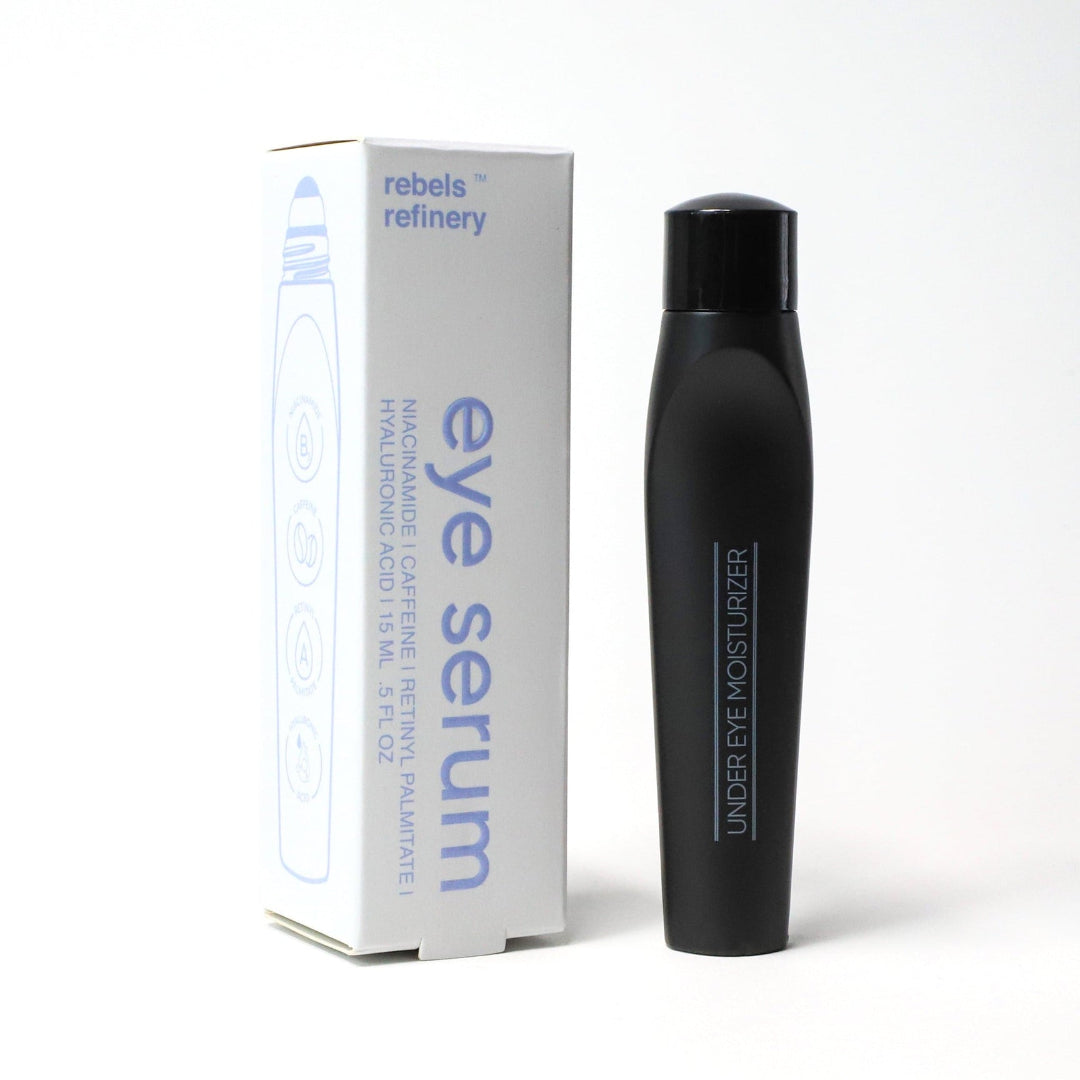 Black eye serum bottle with packaging labeled 'eye serum' on a white background