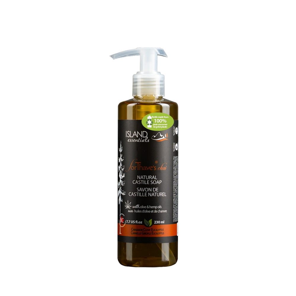 Bottle of Island Essentials natural soap with pump on a white background