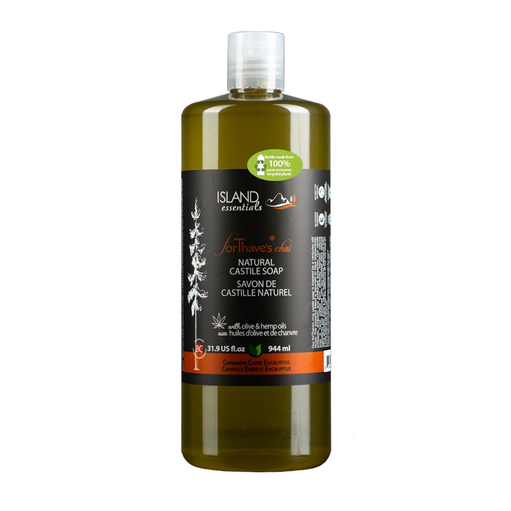 Bottle of Island Essentials natural castile soap on a white background