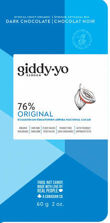 Giddy-Yo dark chocolate packaging with blue and white design