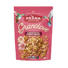 Prana Granolove almond butter cereal package on a beige background
