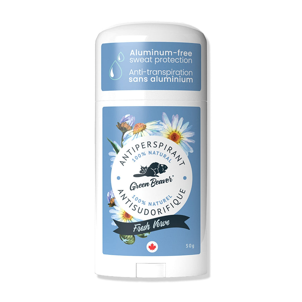 Green Beaver antiperspirant stick with floral design on a white background