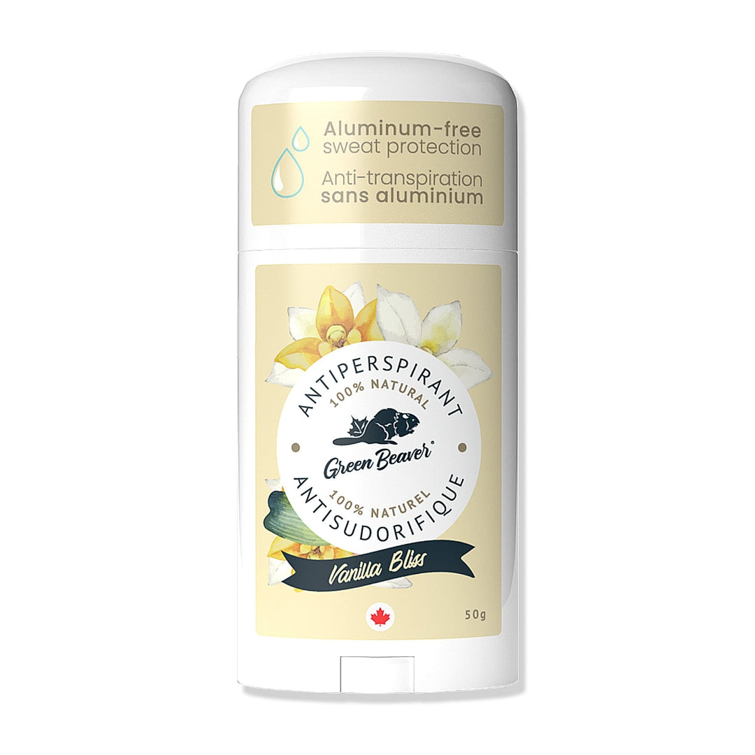Green Beaver antiperspirant stick with Vanilla Bliss flavor on a white background