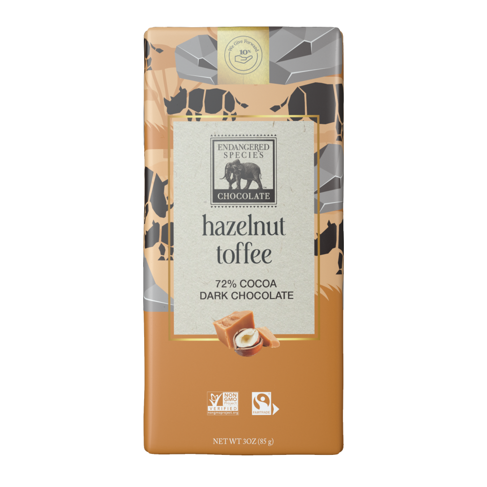Endangered Species Chocolate hazelnut toffee bar packaging on a white background