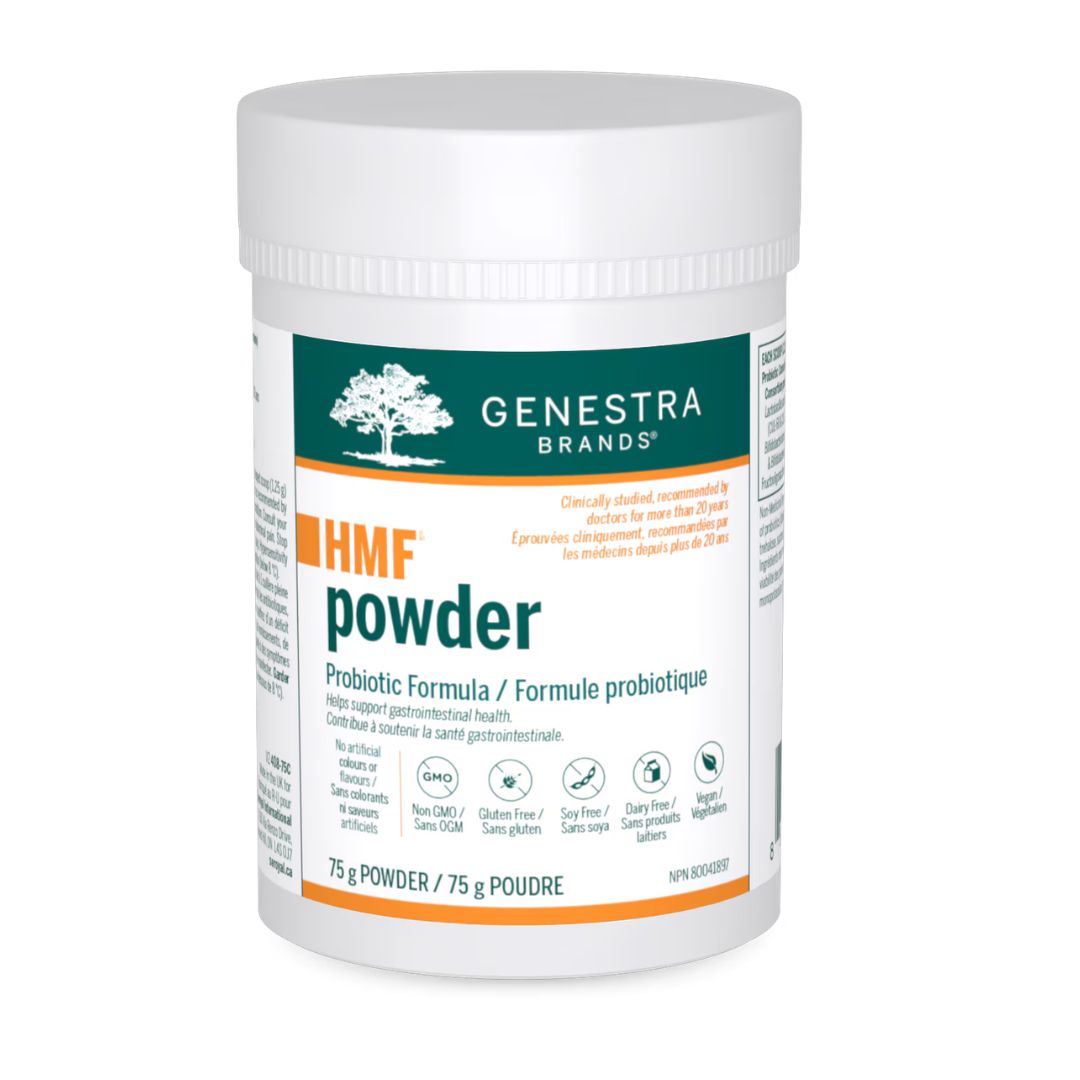 Genestra Brands HMF Powder container on a white background