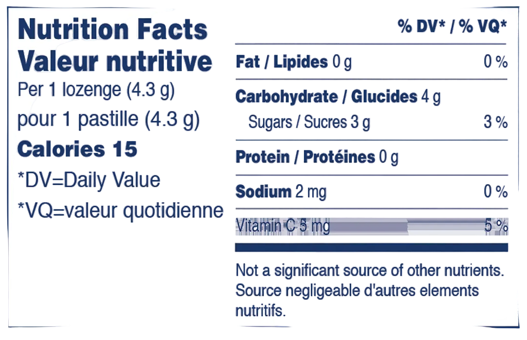 Nutrition facts label for a product with specific details about calories, fat, carbohydrates, sugars, protein, sodium, and vitamin C per serving.
