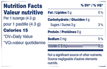 Nutrition facts label for a product with specific details about calories, fat, carbohydrates, sugars, protein, sodium, and vitamin C per serving.