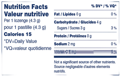 Nutrition facts label for a product with specific details about calories, fat, carbohydrates, sugars, protein, sodium, and vitamin C per serving.