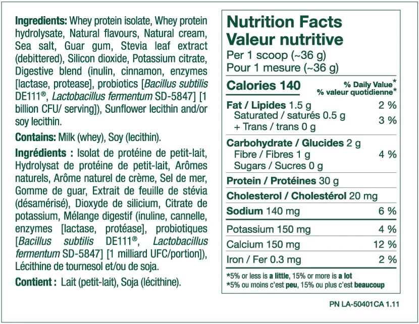 Front panel of a French 'Nutrition Facts' label for a whey protein isolate product, showing ingredients, allergens, and nutritional information per scoop.