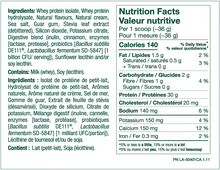 Front panel of a French 'Nutrition Facts' label for a whey protein isolate product, showing ingredients, allergens, and nutritional information per scoop.