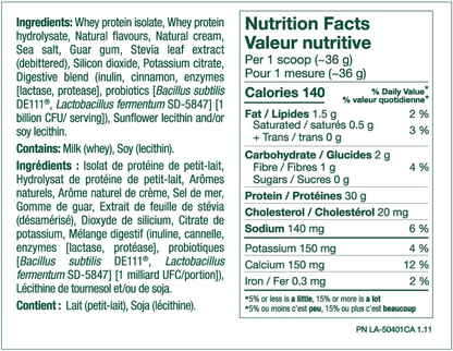 Front panel of a French 'Nutrition Facts' label for a whey protein isolate product, showing ingredients, allergens, and nutritional information per scoop.