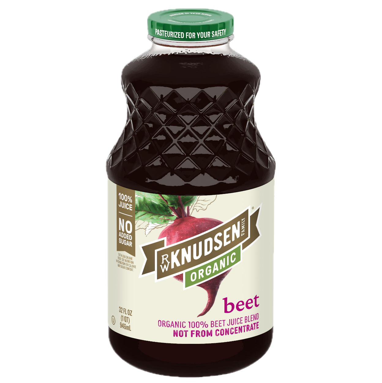 Bottle of RW knudsen Organic beet juice on a white background