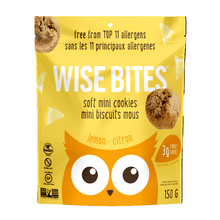 Packaging of Wise Bites lemon soft mini cookies on a dark background