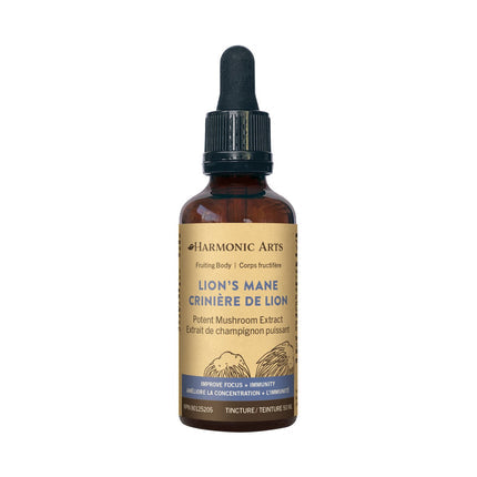 Bottle of Harmonic Arts Lion's Mane extract on a white background