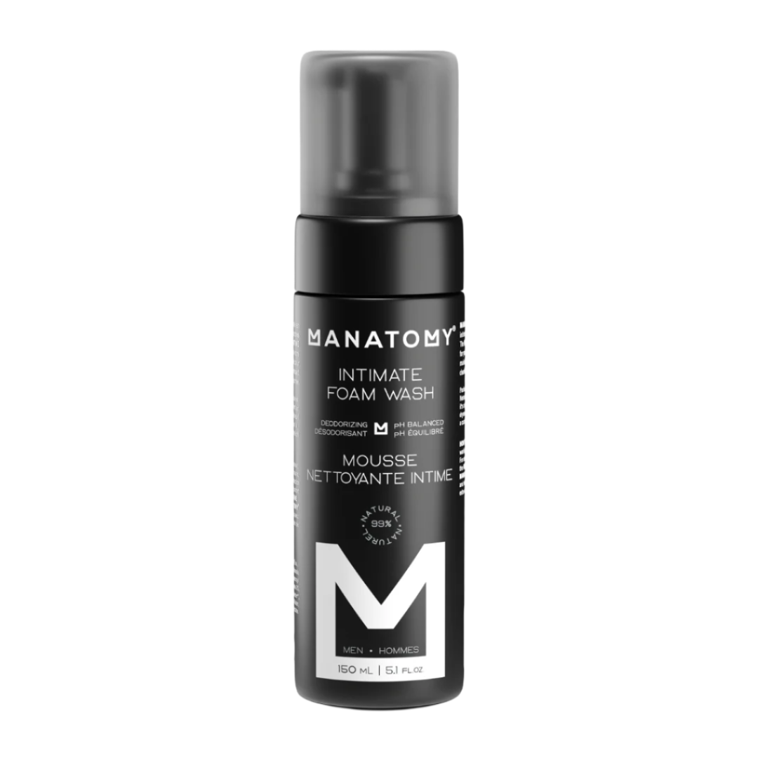 Manatomy intimate foam wash bottle on a gray background