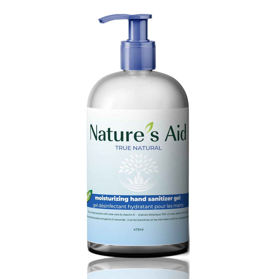 Nature's Aid moisturizing hand sanitizer gel bottle on a white background