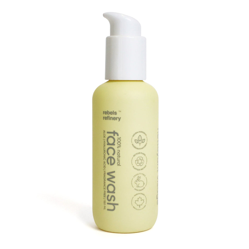 Bottle of face wash with pump dispenser on a white background